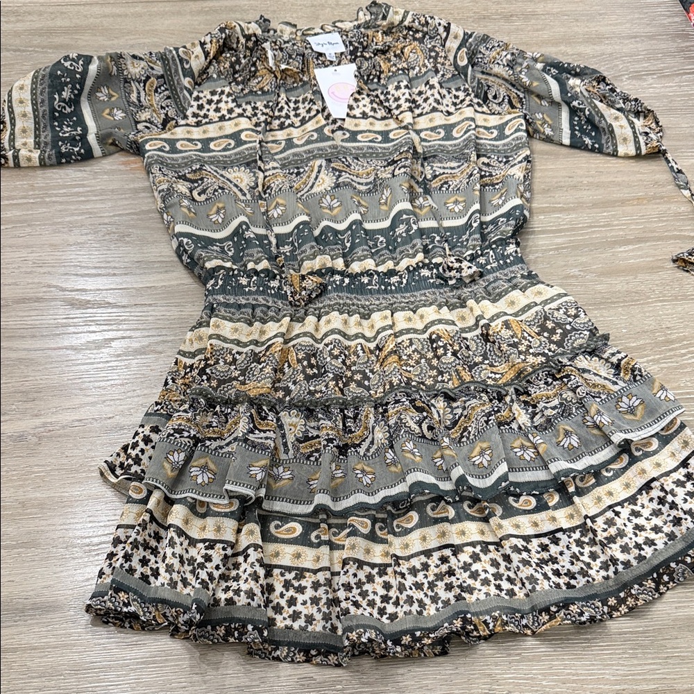 Boho Paisley Tiered Midi Dress in Green & Cream